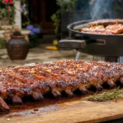 Côtelettes de porc au barbecue, brillantes et caramélisées, sur une planche en bois. Un barbecue fumant avec du maïs et d'autres viandes est visible en arrière-plan.
