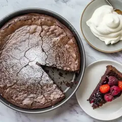 Enkel tårta med choklad och bär, pudrad med florsocker. En bit serveras med vispad grädde och färska bär.