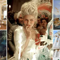 A collage showcasing the opulent Rococo style: a gilded salon, a woman in a powdered wig, a mythological fresco, a garden swing painting, and a blue and gold palace.