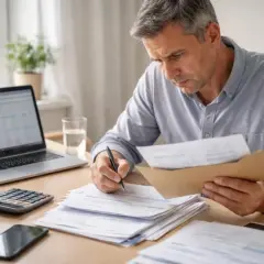 Homme concentré sur des papiers, calculatrice et ordinateur portable. Il semble gérer des documents importants, peut-être une dénonciation CAF.