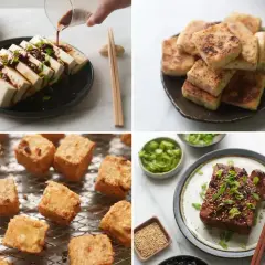 Tofu, zrobione z soi, podane na różne sposoby: surowe z sosem, smażone na patelni, pieczone w kostkach i w formie steka.