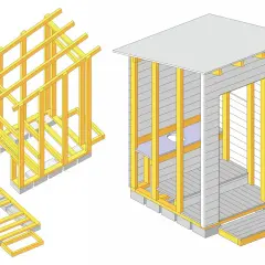 Illustration visar steg för att bygga utedass. En stomme med takstolar och en färdigbyggd utedass med sittring.