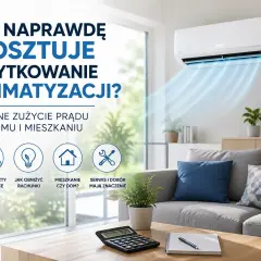 Ile naprawdę kosztuje klimatyzacja? Obraz przedstawia salon z działającą klimatyzacją, kalkulator i notatnik, sugerując analizę kosztów.