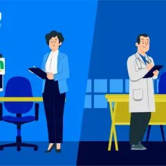 A woman reviews candidate profiles on a computer, while a doctor takes notes. Pursue your online organizational leadership degree at OLLU.
