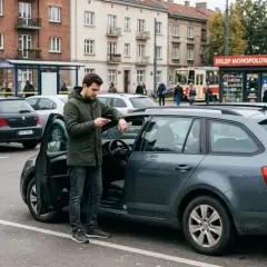 Mężczyzna przy otwartych drzwiach samochodu sprawdza coś na telefonie. W tle parking, budynki i sklep monopolowy.
