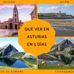 Collage de imágenes de Asturias: Oviedo, Gijón, Picos de Europa y Covadonga. Ideal para planificar qué ver en Asturias en 5 días.