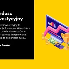 Grafika przedstawia wykres wzrostu, monety, banknoty i puchar, symbolizujące sukces dzięki inwestycjom. Narodowy fundusz inwestycyjny pomaga osiągnąć zysk.
