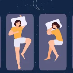 Ilustracja pokazuje cztery różne pozycje snu: na plecach, na boku z ręką na piersi, na boku z podkurczonymi nogami i na plecach z rękami wzdłuż ciała.