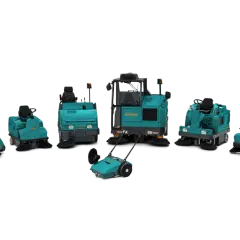 Variedad de equipos de limpieza industrial Eureka, desde compactas barredoras hasta máquinas de conductor acompañante y a bordo, listas para cualquier tarea.