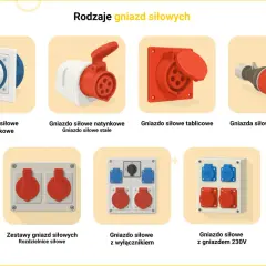 Różne rodzaje gniazd siłowych: podtynkowe, natynkowe, tablicowe, przenośne, zestawy oraz z wyłącznikiem i gniazdem 230V.