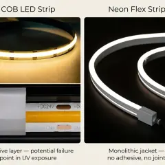 Porównanie taśmy COB LED z taśmą neonową. Taśma neonowa ma jednolitą osłonę, bez kleju i łączeń.