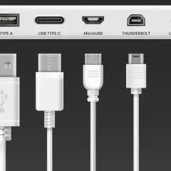 Différents types de connecteurs : USB A, USB C, Micro USB, Thunderbolt, Lightning. Une collection de câbles pour tous vos appareils.