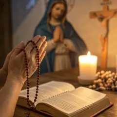 Dłonie trzymające różaniec, modlitwa o pracę. W tle figura Matki Boskiej, krzyż i świece.