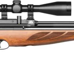 Elegancki karabin pneumatyczny Air Arms S410 z drewnianą osadą i lunetą Hawke.