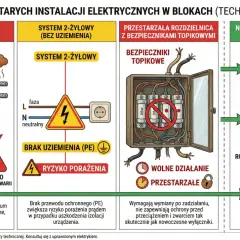 Infografika porównuje stare instalacje elektryczne z nowymi, pokazując, jak działa uziemienie. Stare instalacje z aluminium i brakiem uziemienia są niebezpieczne, grożą pożarem i porażeniem. Nowoczesne systemy z miedzią i uziemieniem zapewniają bezpiec...