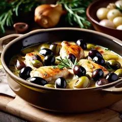 Un plat de poulet aux olives, garni de romarin frais, baignant dans une sauce onctueuse. Des oignons perlés et de l'huile d'olive complètent cette scène gourmande.