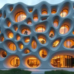Fascynujący budynek z organiczną fasadą, gdzie okna tworzą wzory przypominające fraktale w architekturze.