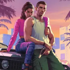 Para z pistoletem na masce auta, w klimacie GTA 6, na tle palem i hotelu Atlantis.