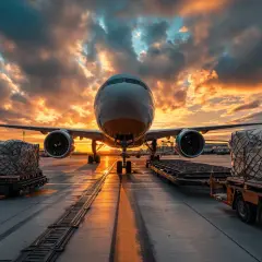 Flugzeug mit Fracht am Flughafen bei Sonnenuntergang. Die IATA regelt den weltweiten Luftverkehr.