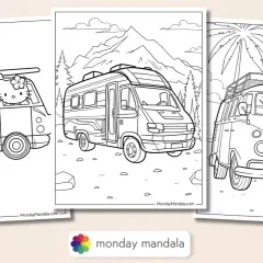 Dibujo furgoneta hippie para colorear con Hello Kitty, una camper y una VW clásica. ¡A pintar!