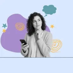 Kobieta z telefonem zastanawia się, jak wybrać psychoterapeutę. Myśli unoszą się nad jej głową.