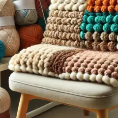 Manta tejida con texturas y colores variados, como mechas chunky delanteras, sobre una silla. A su lado, ovillos de lana de distintos tonos.