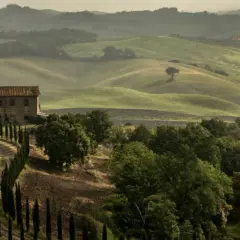 Dolci colline del Val di Merse con un casale in pietra, cipressi e campi verdi sotto un cielo nebbioso.