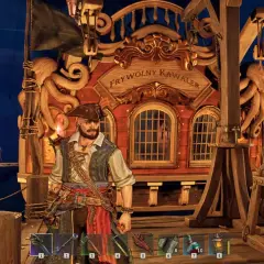 Piracki kapitan na pokładzie statku, gotowy do gry w gry survival coop.
