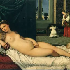 A reclining nude woman, a classic subject in renaissance paintings of women's bodies, rests on a bed. In the background, two figures attend to a chest.