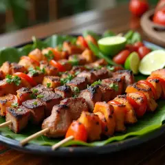 Grillowane szaszłyki z mięsem i warzywami, podane na liściach. Zastanawiasz się, ile kalorii ma średni kebab?