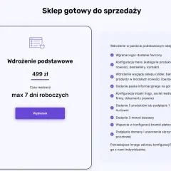 Gotowy sklep w 7 dni! Pakiet "Wdrożenie podstawowe" to szybki sposób, jak wprowadzić produkt na rynek, obejmuje logo, menu, wygląd sklepu i więcej.