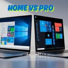 Dwa laptopy prezentują interfejsy Windows 11 Home vs Pro. Jeden z jasnym menu Start, drugi z ciemnym, pełnym kafelków.
