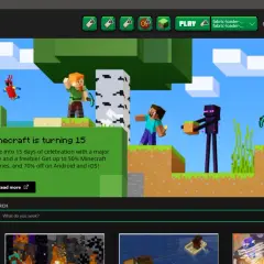 Minecraft launcher z postaciami Steve'a i Alex, świętujący 15 lat gry.