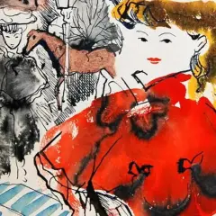 Escena de Emilio Grau Sala con una mujer de vestido rojo y otras figuras, estilo acuarela y tinta.