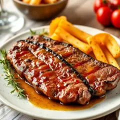 Délicieux rumsteak recette, nappé d'une sauce savoureuse, servi avec des frites croustillantes et une touche de romarin frais.