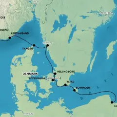 Trasa podróży samochodem do Szwecji przez Danię i Morze Bałtyckie, z przystankami w Kopenhadze, Ystad i Bornholmie, a następnie do Gdańska.