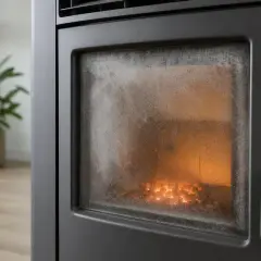 Gros plan sur la vitre noire d'un poêle à granulés, révélant les braises incandescentes. Un réglage parfait pour une ambiance chaleureuse.
