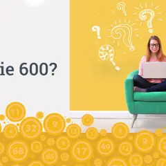 Kobieta z laptopem na tle żółtej ściany z pytajnikami. Obok tekst "Jak grać w Szybkie 600?" i grafika z kółkami liczbowymi.