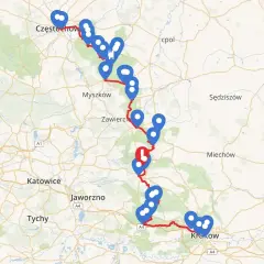 Mapa z zaznaczonym szlakiem Orlich Gniazd samochodem. Trasa prowadzi od Częstochowy przez Myszków, Zawiercie, aż do Krakowa, z licznymi punktami widokowymi.