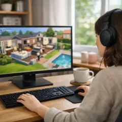 Une personne joue aux Sims 4 sur son PC, configurant une maison avec piscine.