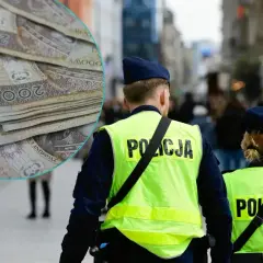 Policjanci w kamizelkach odblaskowych na tle miasta i stos banknotów. Czy to wizualizacja przyszłej emerytury policyjnej?