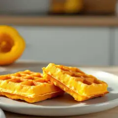Deux gaufres lyonnaises dorées sur une assiette, avec une courge coupée en deux en arrière-plan.