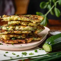 Stapel goldbrauner Zucchini Kartoffel Puffer, garniert mit Schnittlauch. Daneben eine Zucchini und eine Schale Salz.