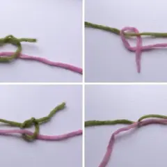 Instruktioner för att knyta en knut med rosa och grönt garn. Som en elegant knut i en sleek bun.