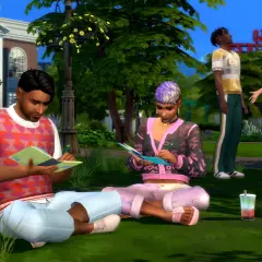 Simowie uczą się na trawie, być może korzystając z kodu na umiejętności przedsiębiorcze The Sims 4, by rozwijać swoje talenty.