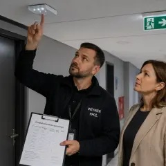 Inżynier PPOŻ. sprawdza działanie oświetlenia awaryjnego w korytarzu, trzymając dokumentację. Obok znak ewakuacyjny.
