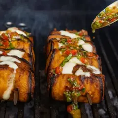 Aubergines grillées garnies de mozzarella fondante et d'une sauce tomate-basilic, parfaites pour un barbecue estival.