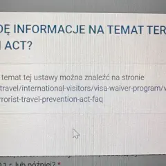 Komunikat pyta o informacje na temat Terrorist Travel Prevention Act, podając link do strony o programie visa waiver.