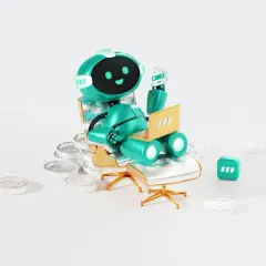 Uroczy bot siedzi na krześle, pracując na laptopie. Wokół niego leżą monety, a obok kostka z symbolem. To właśnie boty co to - pomocnicy w cyfrowym świecie.