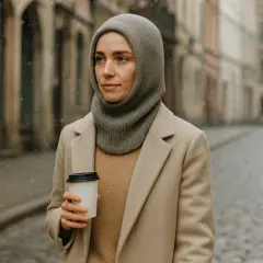 Kobieta w beżowym płaszczu i szarej balaklawie trzyma kubek kawy na tle zimowego miasta.